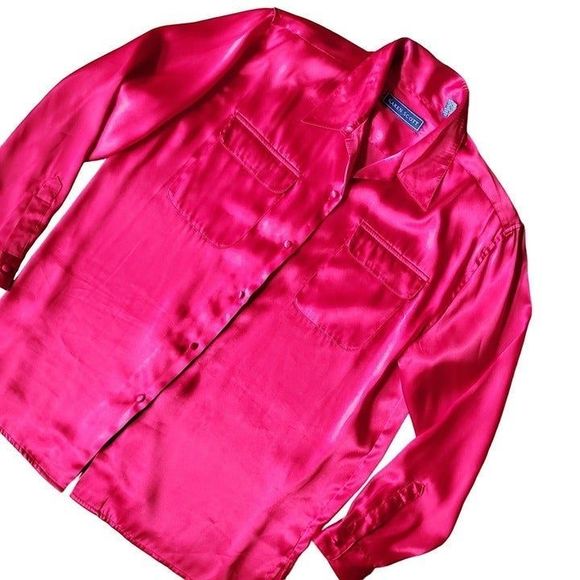 VTG Karen Scott Candy Apple Red Satin Blouse Women's Size Large - Picture 5 of 10